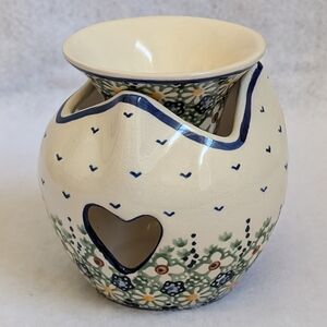 Polish Pottery 2-piece Warmer with Green, Blue, & Yellow Floral Design, Unikat